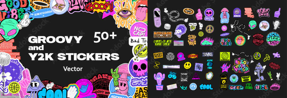 Playful retro Y2K stickers, lettering quotes, groovy cartoon characters ...