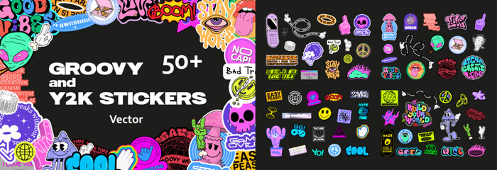playful retro y2k stickers, lettering quotes, groovy cartoon characters. colorful retro labels, 00s 