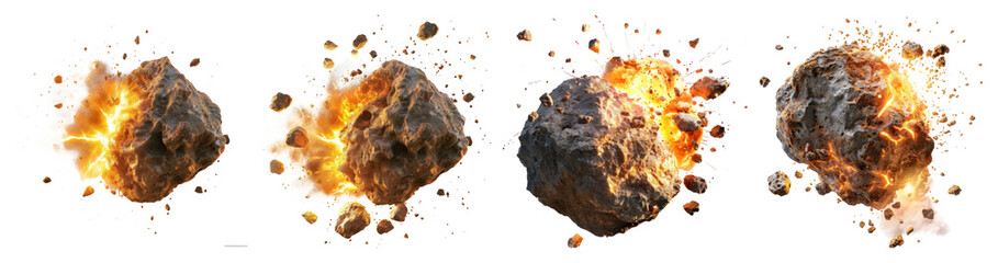 Wall Mural - png exploding fiery meteor rocks sequence, element set on transparent background