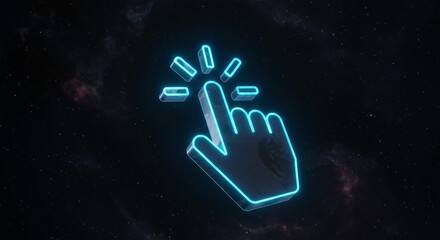 Wall Mural - A glowing blue hand pointer with radiating lines on a dark space background with stars and nebula