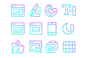 Neon design icons for website and mobile interface on dark background