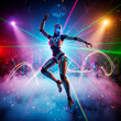 © Amanda - Sleek metallic robot dancing in a vibrant nightclub with colorful laser lights and smoke, symbolizing futuristic entertainment, artificial intelligence, or robotic agility.