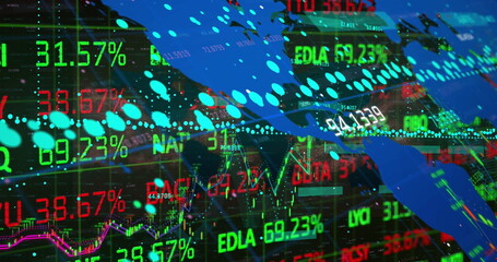 Wall Mural - Financial market graph tracing line charts in trading dashboard, with map overlay and neon percents
