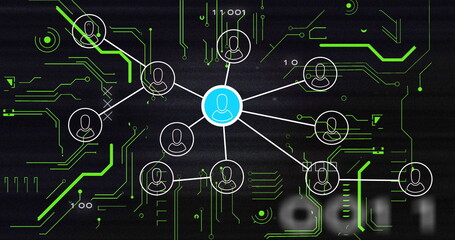 Wall Mural - Connecting central blue user icon to white user icons on network diagram with green circuit traces