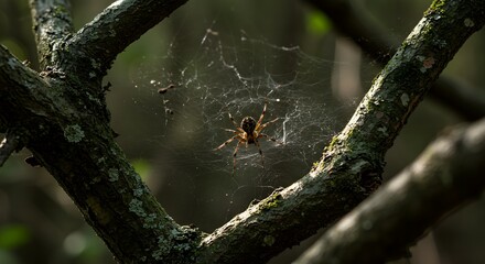Spider in intricate web on tree branch