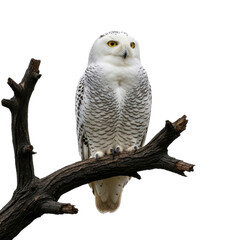 a white owl on top of a tree branch on a transparent background
