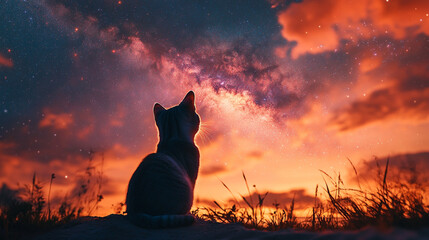 Naklejka na meble back of Cat Silhouette Gazing at the Milky Way Galaxy in Sky caption space on the side --chaos 25 --ar 9:16 --stylize 250 --v 6.1 Job ID: 7d32c71a-8585-4140-876d-e479001ff330