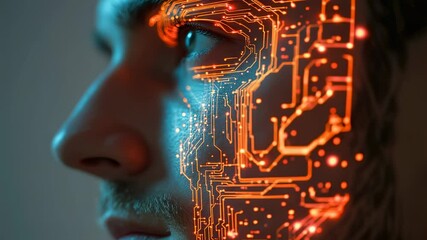 Wall Mural - futuristic portrait of a man with glowing circuit patterns on his face, close-up, digital art style