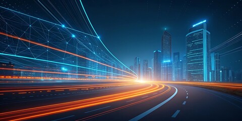 Futuristic digital illustration featuring blue, orange neon high-speed technology concept. Dynamic motion graphics, abstract background of cyberspace connectivity. Modern tech interface, web