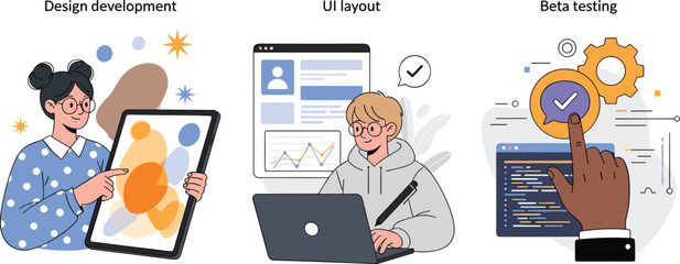 Illustration set showing stages of product development: visual design, interface layout planning, and final product launch.