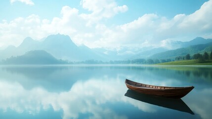 Naklejka na meble Serene landscape with calm lake reflecting sky and mountains in the distance featu a solitary wooden boat on the water under a partly cloudy sky