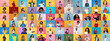 © Prostock-studio - A lively collage features individuals from various backgrounds displaying a range of emotions and gestures. Each portrait highlights unity and diversity against colorful backdrops.