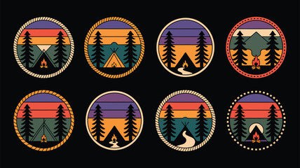Camping scenes with tents campfires and trees in a retro style