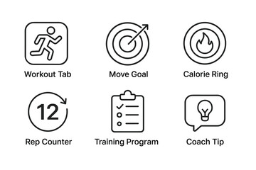 Fitness app icons: workout, move goal, calorie, rep counter, training, coach
