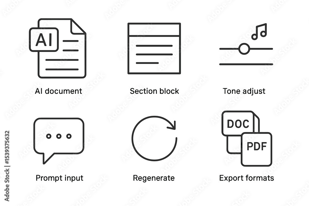 Ai document icons: section block, tone adjust, prompt input, regenerate ...