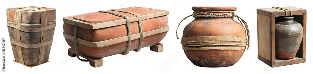 Group Of Terracotta Pots In Different Wooden Crates Secured With Rope ...