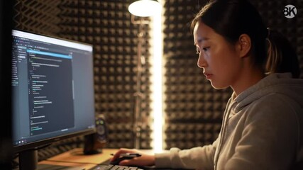Focused developer coding application on modern display in acoustic environment