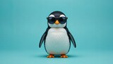 A cute penguin wearing sunglasses poses against a teal background.
