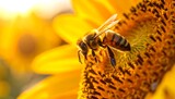 Bee pollinating sunflower at sunset.