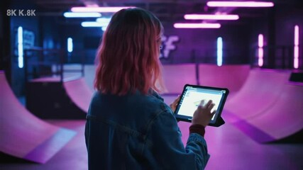 Software developer presents skate app on tablet in vibrant skatepark backdrop