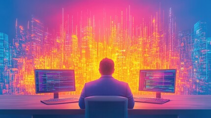 Futuristic programmer in digital city workspace. Technology expert with code and network. Innovation, cyber, workspace, digital city, network, creative tech, professional IT, abstract concept, modern