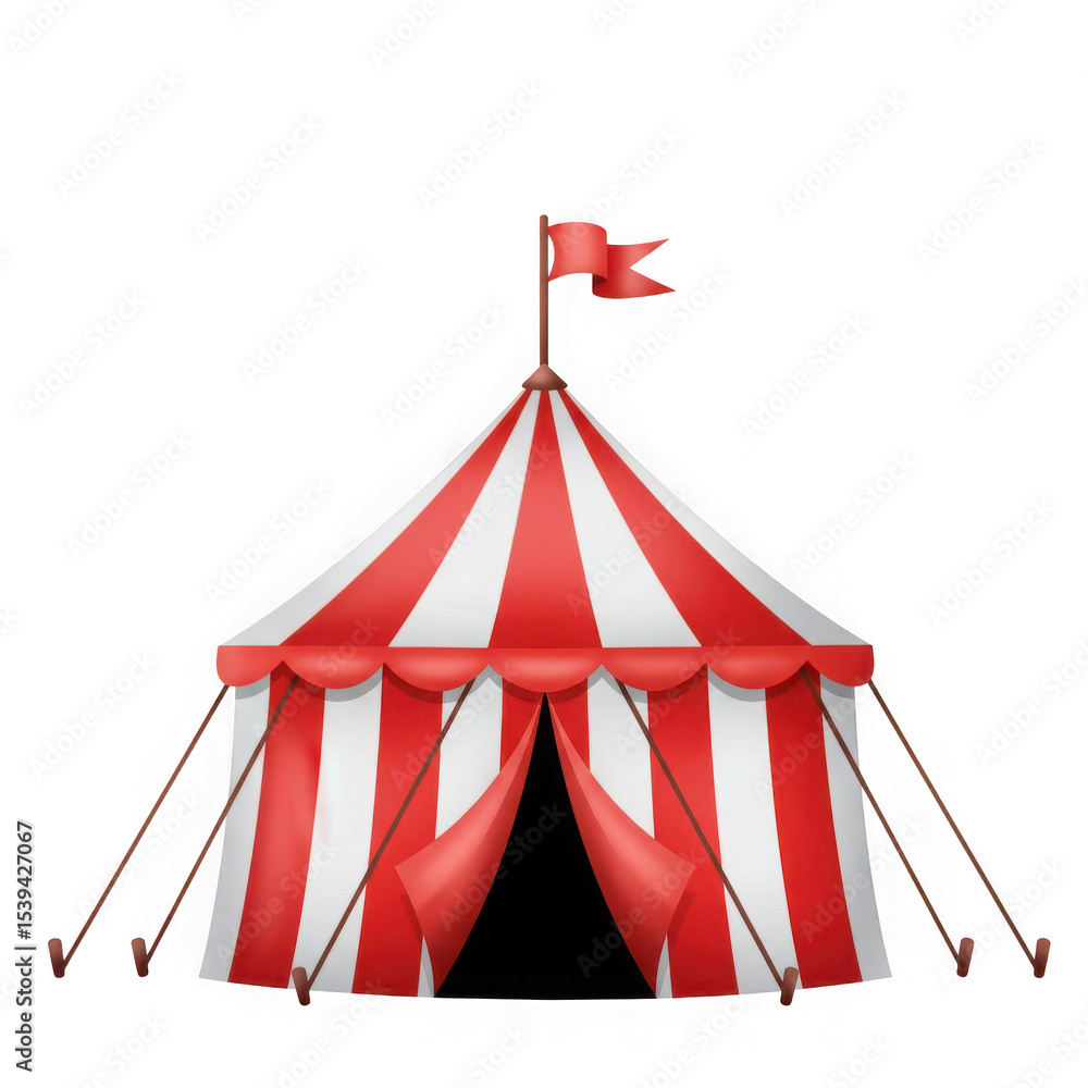 Isolated red and white striped circus tent with flag on a transparent ...