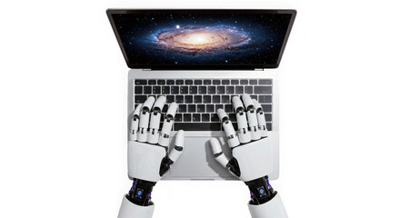 robot hands typing on laptop with galaxy display against a transparent backdrop