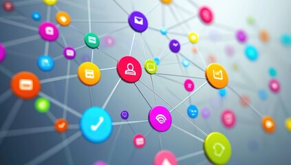 Abstract network of colorful app icons interconnected by lines