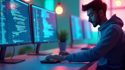 Focused male developer working with code on monitor
