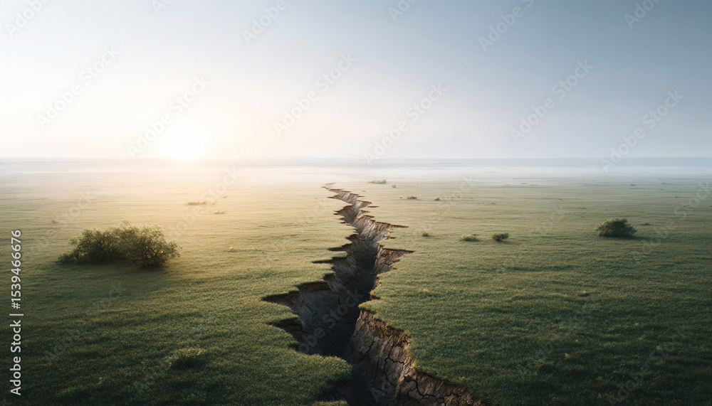 Earth Rift Earthquake Aerial view of earthquake rift deep crack splitting green field ...
