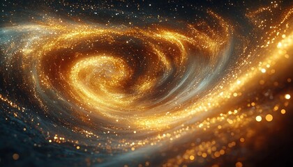 Wall Mural - Golden sparkling particles swirling in a dynamic spiral pattern against a dark background evoking a sense of cosmic energy and wonder