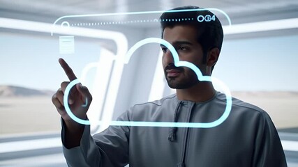 Futuristic Cloud Computing: Man Interacting with Holographic Interface
