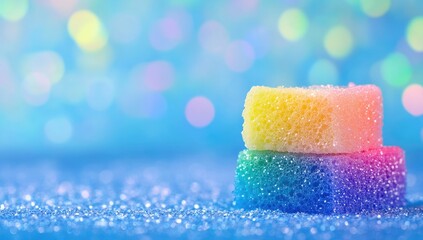 Two rainbow-colored sugar cubes stacked, on a bed of blue glitter, with a soft, pastel bokeh background