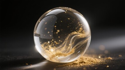 Art glass orb with swirling gold-dust particles suspended in transparent sphere against black backdrop. Hypnotic luxury decor for creative tabletop displays, minimalist interiors, digital art inspirat