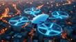 © Momphoto - A futuristic blue-glowing drone flies over a cityscape at night, highlighting advanced technology and urban connectivity.