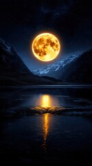 Wall Mural - a large orange moon is reflected in the water of a lake