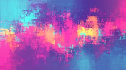 Colorful digital glitch effect background with distorted pixel noise, vibrant rgb screen error pattern, abstract technology texture for futuristic design, cyberpunk aesthetics, and digital media theme