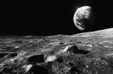 lunar landscape with earth in black and white