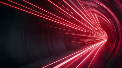 Wall Mural - a dark, curving tunnel is illuminated by numerous bright red laser lines converging at the vanishing