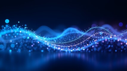 immersive data wave of glowing particles and light trails flows upward in rhythmic digital network l