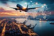 © Tyo - Global air cargo, sunset over port city.  Airliner above containerships