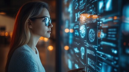 A woman in a modern office using a holographic display for project planning 