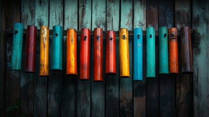 Wall Mural - colorful wooden pipes arranged in a striking pattern. an artistic display with vibrant hues. perfect