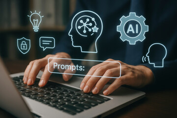person typing on laptop with digital icons for artificial intelligence, innovation, security, and co