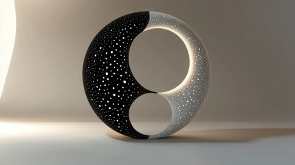Wall Mural - abstract black and white circular sculpture with cut-out star patterns, illuminated from behind, on 