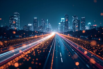 Wall Mural - Digital Data Stream Falling Over Night Cityscape
