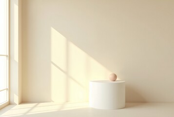 Wall Mural - Minimalist Cream Tone Wall and Cylinder Pedestal with Sunlight