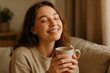 © Aleksandra - Content woman enjoying a peaceful coffee break at home, feeling relaxed and serene