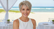 © Vasiliy - Smiling mature woman with a chic short blonde layered hairstyle, white top, at a beachside venue. Elegant confidence for lifestyle, anti-aging beauty, or mature hair care promotions