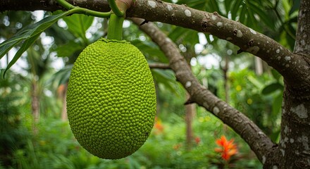 close-up of a vibrant green jackfruit hanging from a tree branch in a lush garden